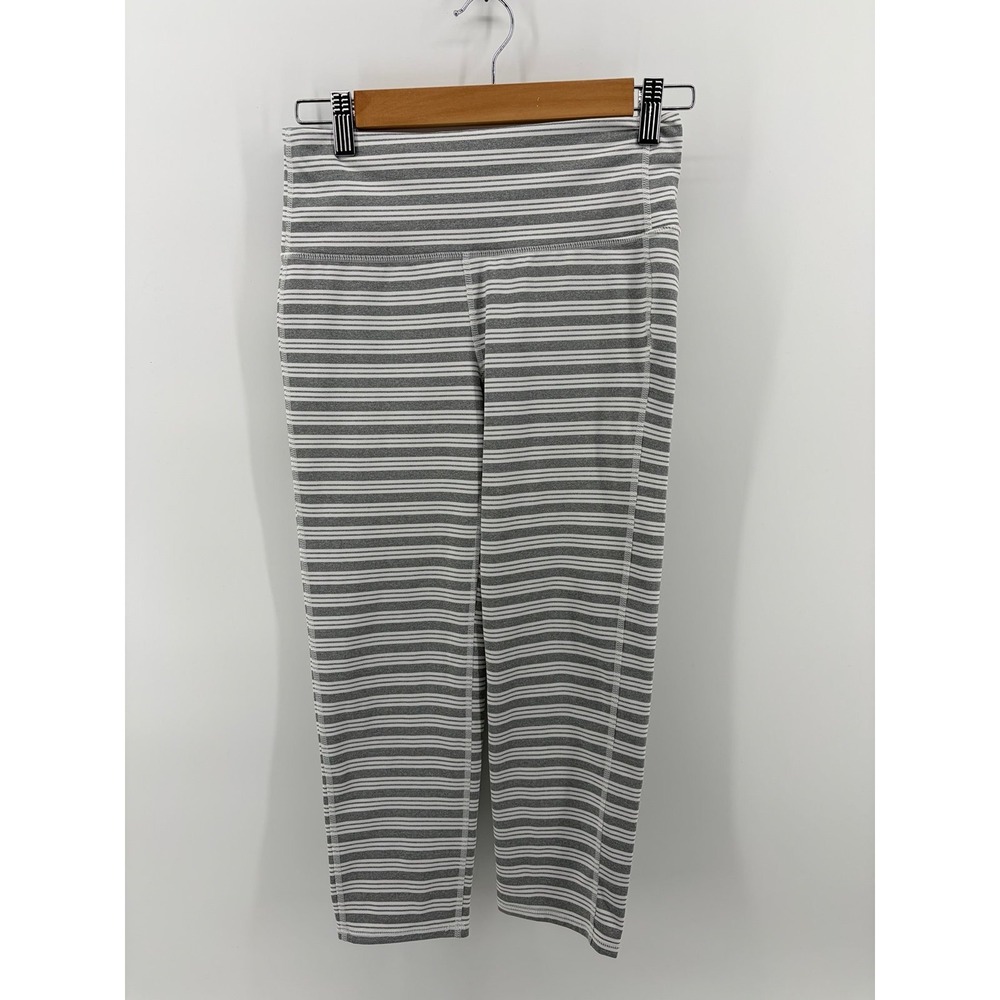 Athleta Leggings Gray/White Stripe Crop Stretch Workout Pants Women's Small